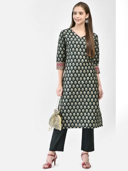 SPAN - Green Straight Printed V-Neck Three Fourth Sleeves Kurta
