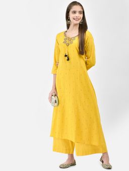 SPAN - Yellow Embroidered Round Neck Three Fourth Sleeves A-Line Kurta