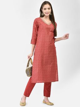 SPAN - Red Straight Printed V-Neck Three Fourth Sleeves Kurta