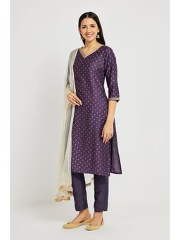 SPAN - Purple Straight Printed V-Neck Three Fourth Sleeves Kurta
