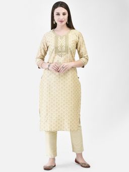 SPAN - White Straight Embroidered Round Neck Three Fourth Sleeves Kurta