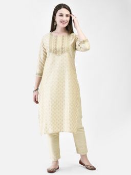 SPAN - White Straight Embroidered Round Neck Three Fourth Sleeves Kurta