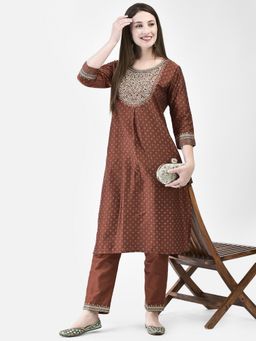SPAN - Brown Straight Printed Round Neck Three Fourth Sleeves A-Line Kurta