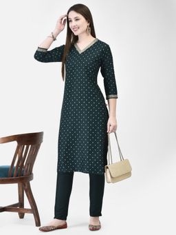 SPAN - Green Straight Printed V-Neck Three Fourth Sleeves Kurta
