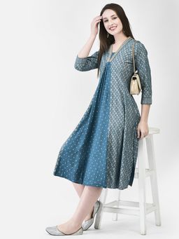 SPAN - Blue Printed V-Neck Three Fourth Sleeves A-Line Kurta