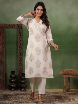 SPAN - White Straight Printed Notched Lapel Three Fourth Sleeves Kurta