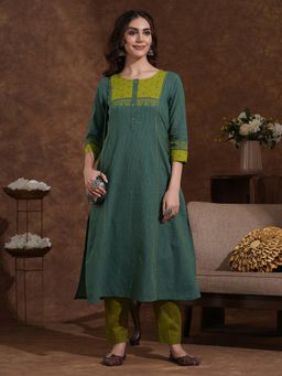 Kami Kubi - Green Woven Stripe Cotton Pocketed A-Line Kurta