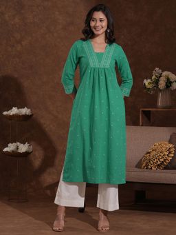 Kami Kubi - Green Sleeves with Mirrorwork Straight Kurta