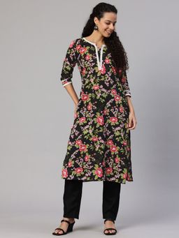 Swishchick - Black Floral Printed Cotton Lace Work Detail Kurta