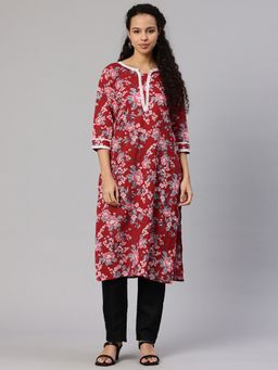 Swishchick - Red Floral Printed Cotton Lace Work Detail Kurta