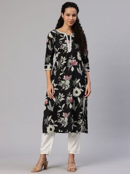 Swishchick - Black Floral Printed Cotton Lace Work Detail Kurta