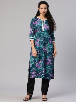Swishchick - Teal Floral Printed Cotton Lace Work Detail Kurta