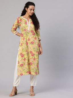 Swishchick - Yellow Floral Printed Cotton Lace Work Detail Kurta