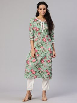 Swishchick - Green Floral Printed Cotton Lace Work Detail Kurta