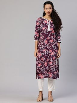 Swishchick - Brown Floral Printed Cotton Lace Work Detail Kurta