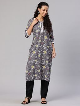 Swishchick - Grey Floral Printed Cotton Lace Work Detail Kurta