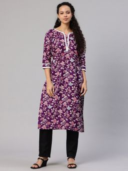 Swishchick - Purple Floral Printed Cotton Lace Work Detail Kurta