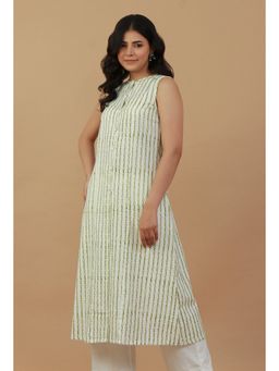 Tjori - Ivory Stripes Hand Block Printed Cotton Kurta