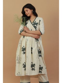 Tjori - Ivory Floral Hand Block Printed Lace Detailing Angrakha Cotton Kurta