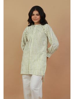 Tjori - Green Hand Block Printed Cotton High-Low Hem Kurta