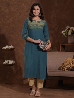 Kami Kubi - Blue Mirror Work Straight Fit Woven Cotton Kurta