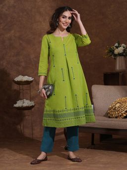 Kami Kubi - Green Woven Cotton Geometric Block Print A-Line Kurta