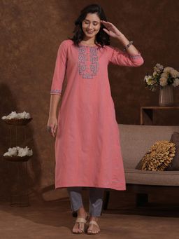 Kami Kubi - Peach Woven Cotton Thread Embroidery A-Line Kurta