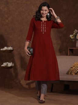 Kami Kubi - Maroon Thread and Mirror Work Pocketed Cotton Slurb A-Line Fit Kurta