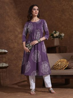 Kami Kubi - Matte Purple Pleated Handwork And Pocket Floral Print A Line Fit Kurta