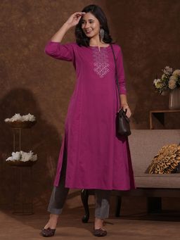 Kami Kubi - Fuchsia Pink Cotton Embroidered Flex A Line Fit Kurta