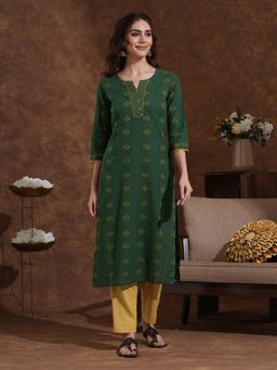 Kami Kubi - Green Hand Embroidery And Mirror Work Straight Fit Cotton Dobby Kurta