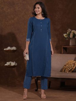 Kami Kubi - Blue Cutwork Solid Straight Fit Cotton Slurb Kurta