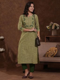 Kami Kubi - Olive Block Printed Yoke And Sleeves Straight Fit Woven Stripes Kurta