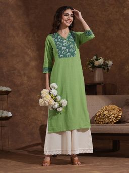 Kami Kubi - Green Handwork Ajrakh Overlap Yoke And Cuff Straight Fit Kurta