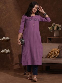 Kami Kubi - Purple Kantha Stripe Mirror Work Straight Fit Kurta