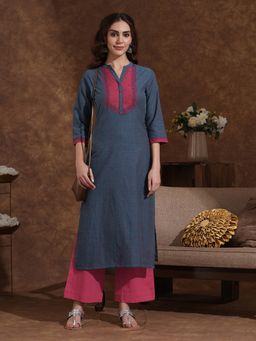 Kami Kubi - Blue Block Printed Straight Fit Dobby Kurta