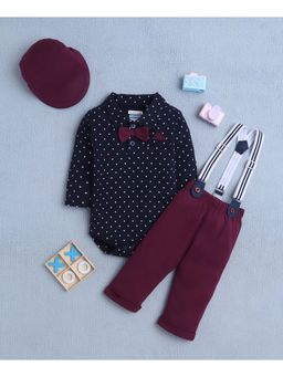 Bumzee - Navy and Wine Boys Bodysuit Pant with Suspender and Cap