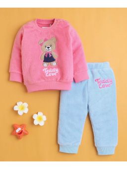 Bumzee - Pink and Sky Blue Girls Full Sleeves Sweatshirt and Joggers