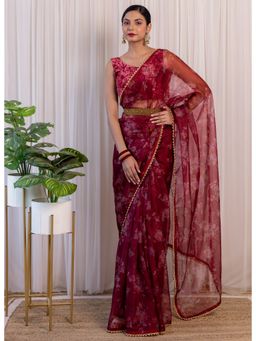 Label Kanupriya - Wine Floral Organza Saree with Embellished Belt with Unstitched Blouse