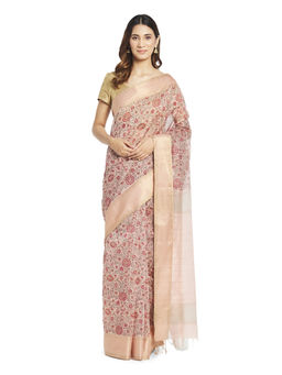 Fabindia - Pink Hand Block Print Cotton Silk Saree
