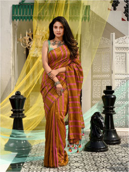 CHARUKRITI - Mustard Cotton Handwoven Saree With Stripes with Unstitched Blouse Piece