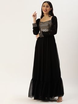Ethnovog - Ready To Wear Black Georgette Mirror Embroidery Gown