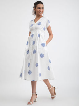 Pink Fort - Cotton Poplin Polka A-line Dress - White