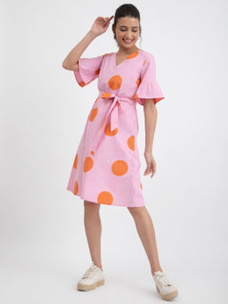 Pink Fort - Cotton Poplin Polka Wrap Dress - Pink (Set of 2)