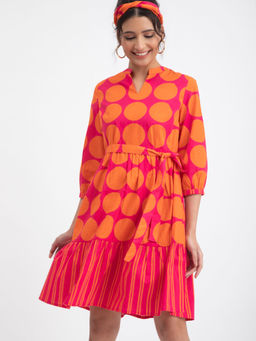 Pink Fort - Cotton Poplin Polka Puff-sleeve Dress - Pink & Orange (Set of 2)
