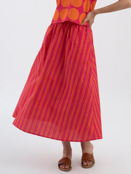 Pink Fort - Cotton Poplin Striped A-line Skirt - Pink