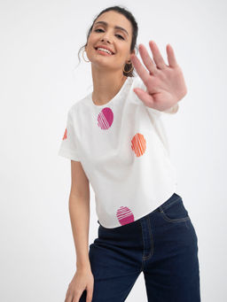 Pink Fort - Cotton Poplin Polka Top - White