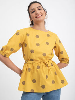 Pink Fort - Cotton Poplin Polka Puff Sleeves Top - Mustard