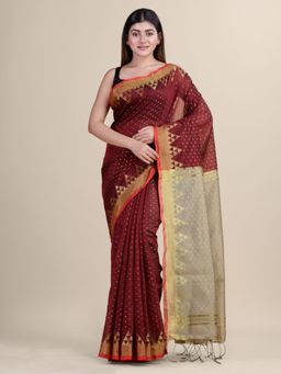 LAA CALCUTTA - Golden & Maroon Cotton Silk Cotton Handloom Saree Without Blouse Piece
