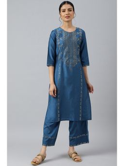 W - Blue Embellished Kurta with Parallel Pant (Set of 2)